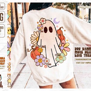 Retro Floral Ghost PNG, Trendy Halloween Kids Sublimation, Spooky Season, Cute Ghost, Vintage Fall Shirt DTG DTF Transfer Design, Download