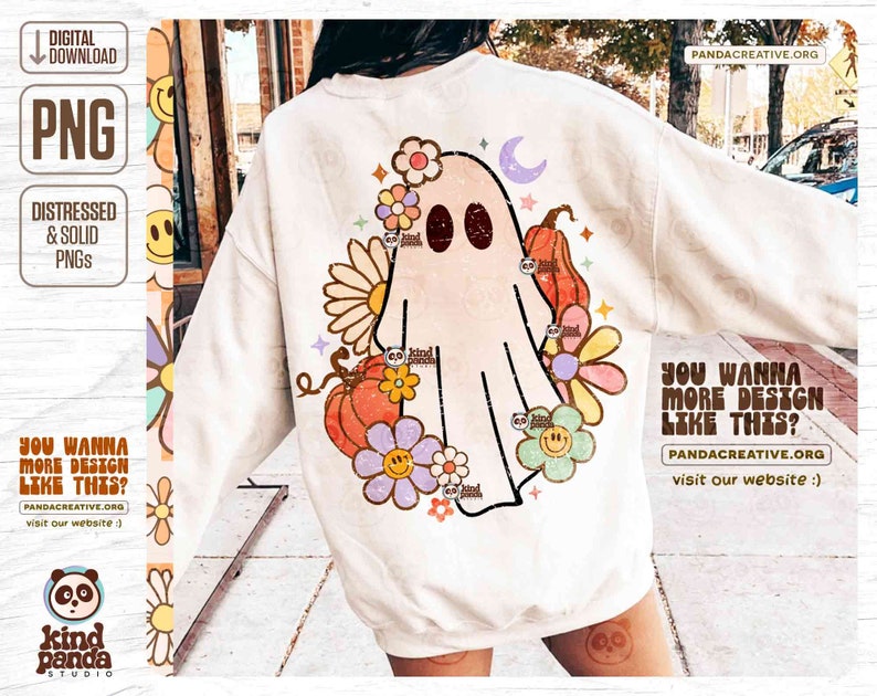 Retro Floral Ghost PNG, Trendy Halloween Kids Sublimation, Spooky Season, Cute Ghost, Vintage Fall Shirt DTG DTF Transfer Design, Download