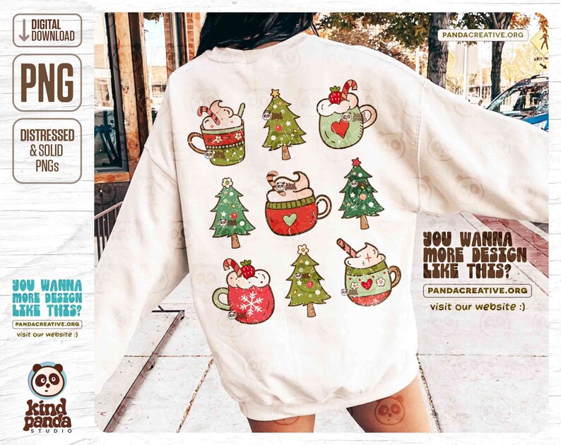 May include: A white sweatshirt featuring a festive design with Christmas trees and mugs of hot chocolate. The mugs are decorated with hearts, candy canes, and strawberries. The text "DIGITAL DOWNLOAD PNG DISTRESSED & SOLID PNGS" is visible.
