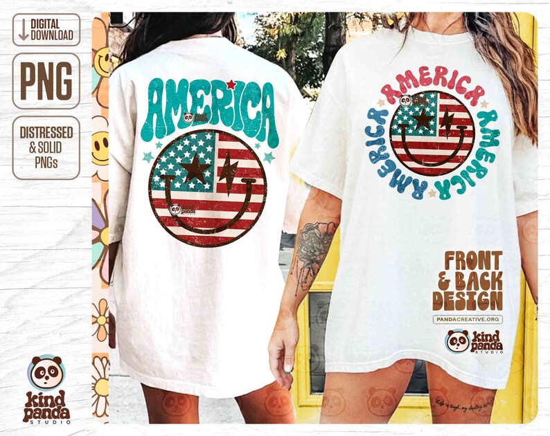 Vintage America PNG, Front & Back Design, Retro USA Shirt Sublimation, Groovy 4th of July Distressed Summer Hoodie DTF Transfer png Download