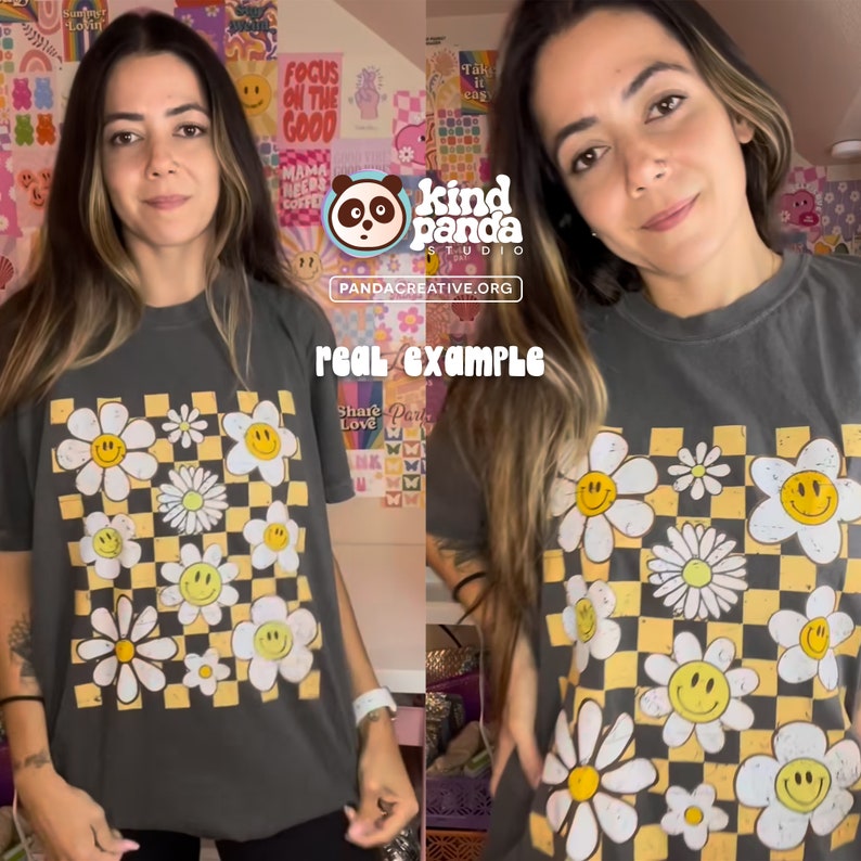 May include: A gray t-shirt with a checkered pattern and yellow daisies with smiley faces. The text "kind panda studio" and "pandacreative.org" are printed on the shirt. The text "real example" is printed below the logo.