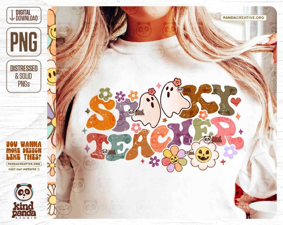 Spooky Teacher PNG, Floral Ghost Teacher png, Halloween Sublimation Designs, Retro Fall Teacher Shirt Design, Witchy Teacher png Download
