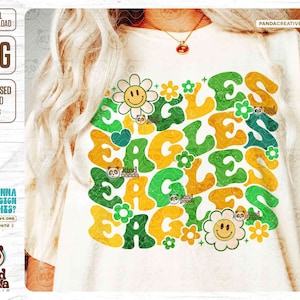 Águilas amarillas verdes PNG, sublimación de mascota floral, camisa del día del juego desgastada y transferencia DTF con capucha, fanático del equipo deportivo retro floral universitario