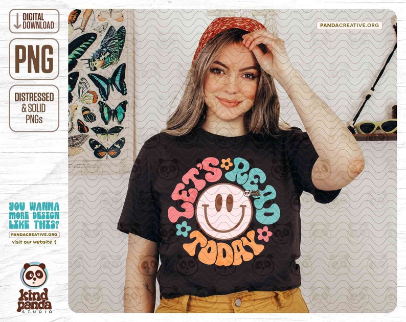 Retro Reading PNG, Smile Face Let's Read Today Sublimation, Groovy Teacher Shirt Design, Dtf Transfer, Bookish clipart Teaching png download