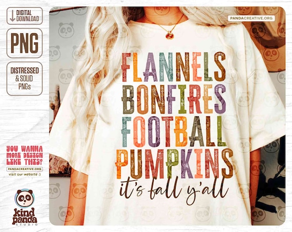 It's Fall Y'all PNG, Flannels Bonfires Football Pumpkins, Retro Fall Sublimation, Trendy Fall png, Autumn, Thanksgiving Shirt DTF DTG Design