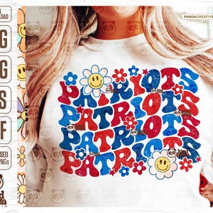 Groovy Patriots SVG PNG, Floral College Mascot Sublimation, Red Blues Game Day Shirt DTF Transfer, Grunge School Football Team, Cheerleader