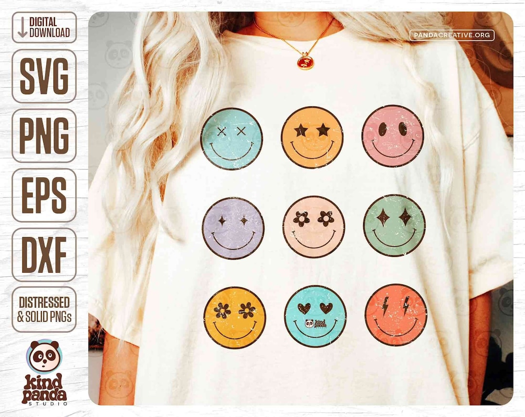 Retro Hippie Smile Face SVG PNG Sublimation - Distressed Happy Faces ...