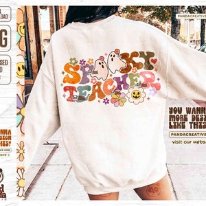 Spooky Teacher PNG, Floral Ghost Teacher png, Groovy Halloween Sublimation, Retro Fall Teacher Shirt Design, Autumn Teaching png Download