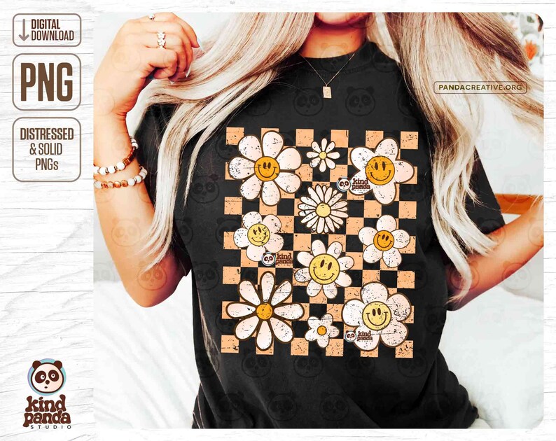 May include: A black t-shirt with a checkered pattern in orange and white. The pattern is filled with white daisies with yellow centers and smiley faces. The text "be kind panda" is written in a circle on some of the daisies.