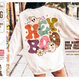 Hey Boo PNG, Retro Halloween png sublimation, Kids Spooky Shirt Design, Faboolous, Trendy Floral Cute Ghost png digital download