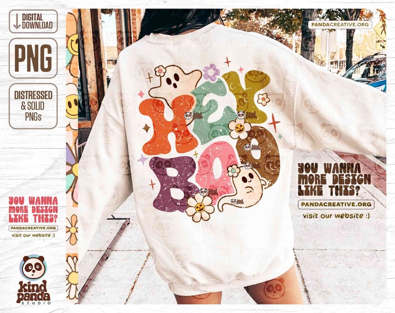 Hey Boo PNG, Retro Halloween png sublimation, Kids Spooky Shirt Design, Faboolous, Trendy Floral Cute Ghost png digital download