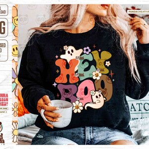 Hey Boo PNG, Retro Halloween png sublimation, Kids Spooky Shirt Design, Faboolous, Trendy Floral Cute Ghost png digital download