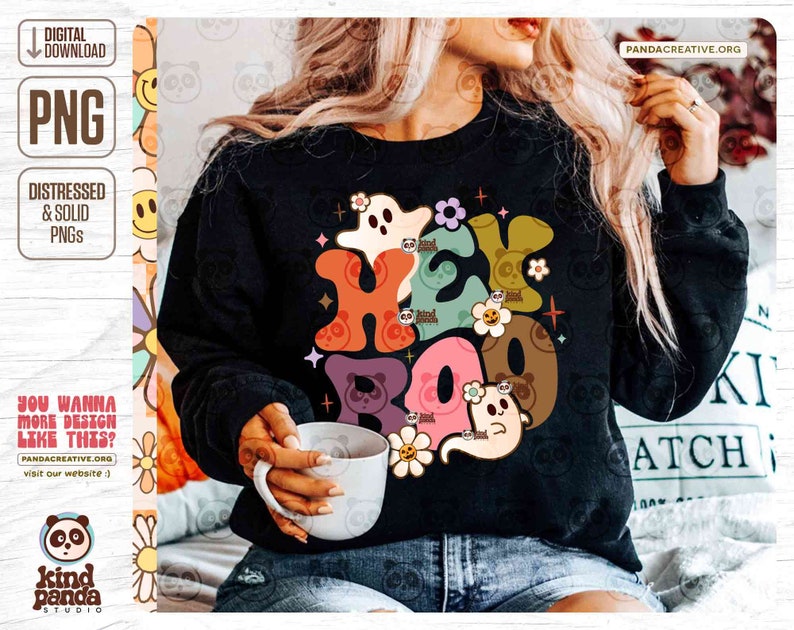Hey Boo PNG, Retro Halloween png sublimation, Kids Spooky Shirt Design, Faboolous, Trendy Floral Cute Ghost png digital download