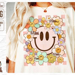 Retro Lächeln Blumen PNG Pastell kariertes Hemd Sublimation, Kinder Vintage Blumen glückliches Gesicht DTf Transfer Siebdruck, ästhetische PNG Designs