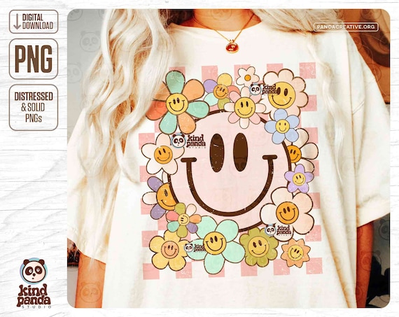 Retro Smile Flowers PNG Pastel Checkered Shirt Sublimation, Kids Vintage Floral Happy Face DTf Transfer Screen Print, Aesthetic PNG Designs