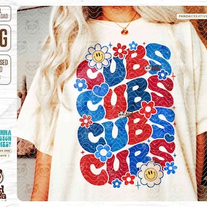 Groovy Cubs PNG, Red Blue College Mascot Sublimation, Distressed Game Day Shirt DTF, Retro School Football png, Grunge Floral Cubs DtG-bestanden