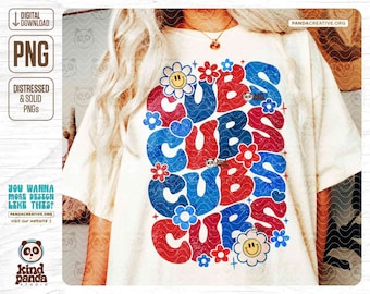Groovy Cubs PNG, Red Blue College Mascot Sublimation, Chemise de jour de match en détresse DTF, Retro School Football png, Grunge Floral Cubs DtG Files