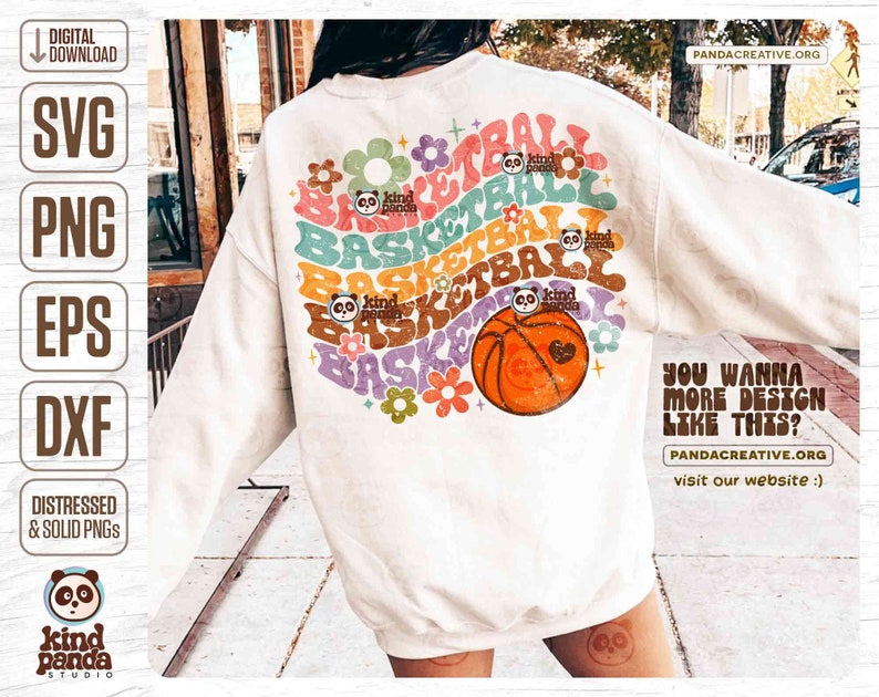 May include: A white sweatshirt with a colorful graphic design featuring the word "basketball" repeated in a circular pattern with flowers and a basketball. The text "You wanna more design like this?" is printed below the graphic.