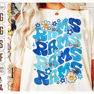 Retro Blue Rams SVG PNG, Floral College Mascot Sublimation, Team Hoodie, Game Day Shirt, Groovy American Football DTF Transfer, Screen Print