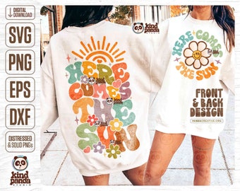 Trendy Groovy Summer SVG PNG, Here Comes the Sun Sublimation, Smile Floral Vacation Shirt Hoodie Front Back Design, Retro Beach DTF Transfer