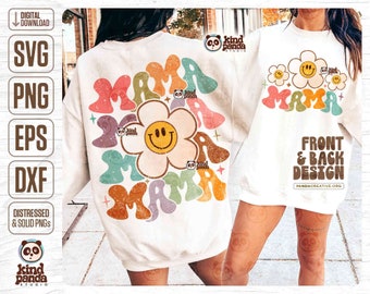 Groovy Retro Mama Front Back Design, SVG PNG Sublimation, Happy Face Floral Mom T-Shirt Design, Smile Mom DTF Transfer, Trendy Mama Cut File