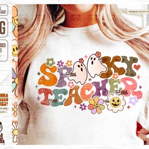 Spooky Teacher PNG, Floral Ghost Teacher png, Groovy Halloween Sublimation, Retro Fall Teacher Shirt Design, Autumn Teaching png Download