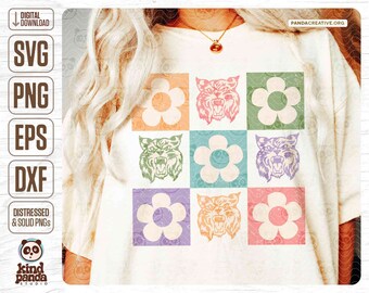 Flores a cuadros gatos monteses SVG PNG DXF, diseño de sublimación de camisa de mascota retro, Boho Groovy Floral Wildcat DtF Transfer, serigrafía DtG
