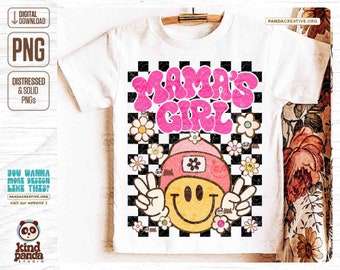 Geruit meisje png, mama's meisje, retro bloemensublimatie voor peuters, beanie meisje, ontwerp kindershirt, babymeisje, ontwerp roze meisjes png