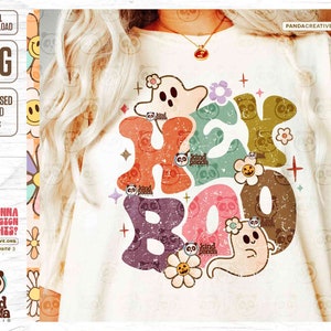 Hey Boo PNG, Retro Halloween png sublimation, Kids Spooky Shirt Design, Faboolous, Trendy Floral Cute Ghost png digital download