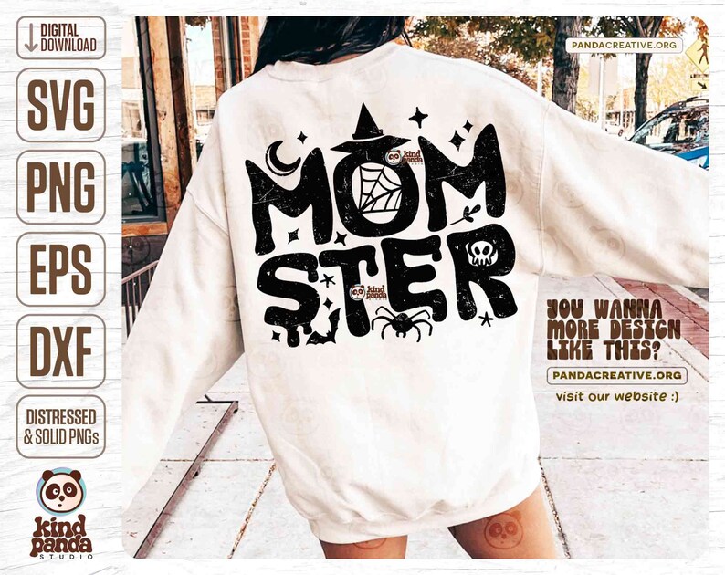 May include: A white sweatshirt with a black distressed graphic that says "Momster" with a spider, a witch's hat, a crescent moon, and a skull. The text "You wanna more design like this?" is on the right side of the sweatshirt.