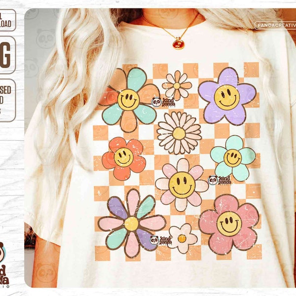 Retro Flowers Checkered PNG Sublimation - Vintage Shirt Design DTG, Grunge Smile Face Daisy, Boho 70's Groovy Floral Dtf Transfer, Screen