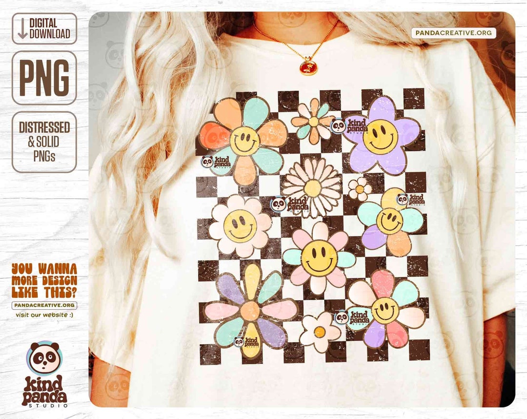 Retro Checkered Flowers PNG Sublimation, Daisy Vintage Kids Shirt ...