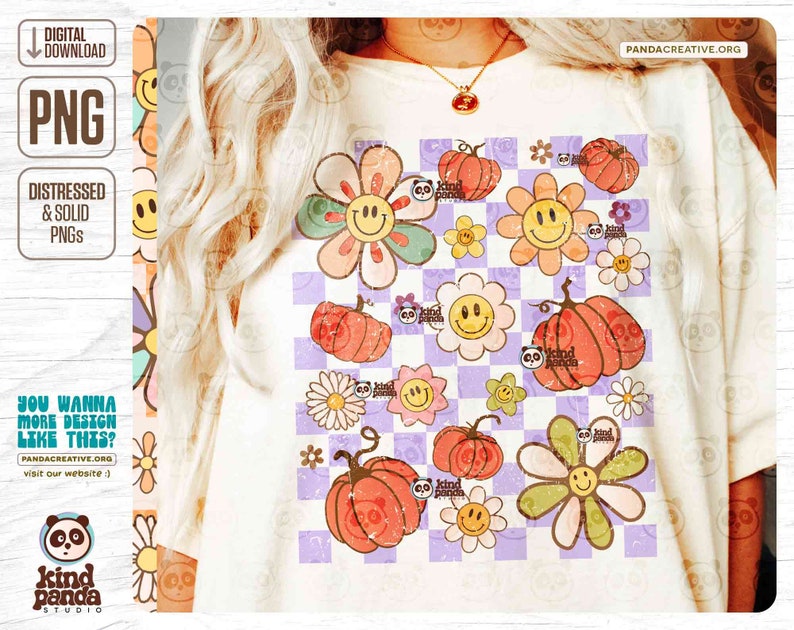 Vintage Fall PNG Shirt Design, Retro Checkered Thanksgiving DTF Sublimation, Floral Autumn png, Smile Face Pumpkins Flowers png download