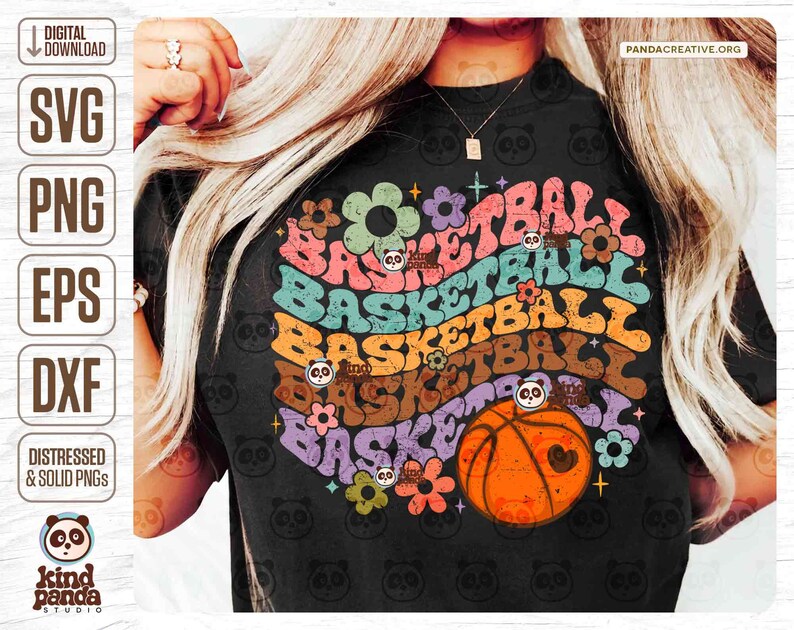 May include: A black t-shirt with a rainbow-colored design of the word "basketball" repeated multiple times. The design includes flowers and a basketball with a heart on it.