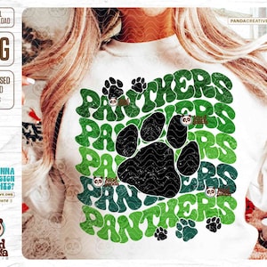 Retro Grüne Panther PNG, Groovy Fußball Maskottchen Sublimation, Schulsport Team Spieltag Shirt DTF Transfer, Grunge College Panthers Pfote