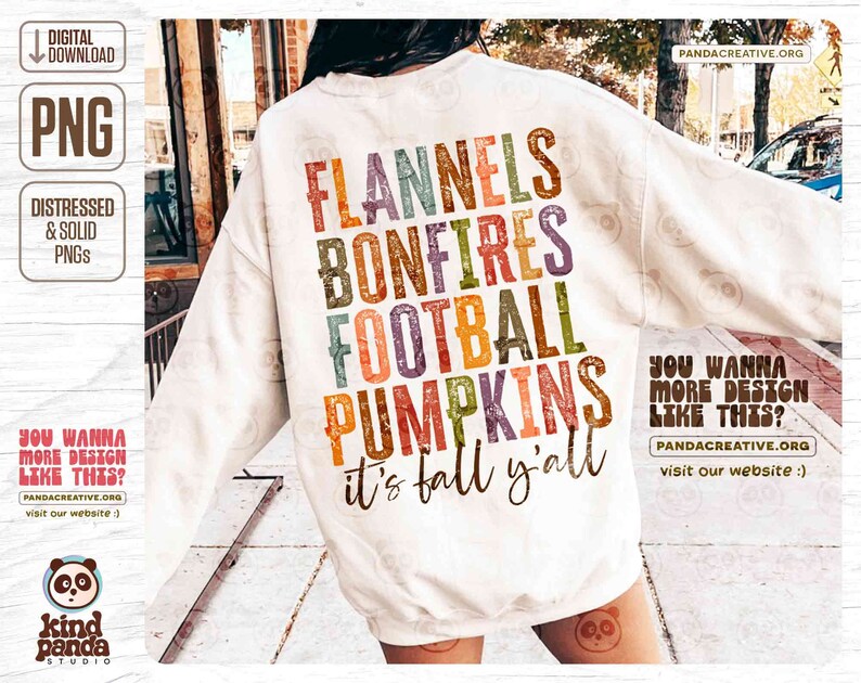 K&ouml;nnte beinhalten: Ein wei&szlig;er Pullover mit einem abgenutzten, Vintage-Grafikdesign, das "Flannels, Bonfires, Football, Pumpkins, It's Fall Y'all" lautet. Der Text ist in verschiedenen Rot-, Orange-, Gelb- und Braunt&ouml;nen gehalten.