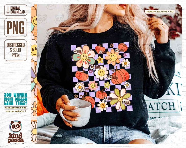 Vintage Fall PNG Shirt Design, Retro Checkered Thanksgiving DTF Sublimation, Floral Autumn png, Smile Face Pumpkins Flowers png download