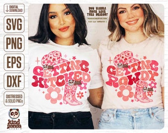 Get Hitched & Rowdy, dopasowanie stroju panny młodej w stylu kowbojki do SVG PNG, koszulka w stylu retro western Bachelorette, ekipa Groovy Bride Crew Squad