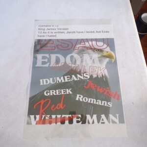 Puede incluir: Un fondo blanco con texto rojo que dice "Romans VI:13 King James Version 13 As it is written, Jacob have I loved, but Esau have I hated." El texto se superpone a una imagen de un águila calva con las palabras "ESAU EDOM ALEK IDUMEANS Jewish GREEK Romans Red WHITEMAN" en rojo.