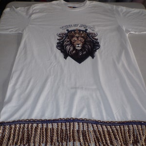 New Tribe of Judah Long Sleeve White Tee Brown and Gold Fringes