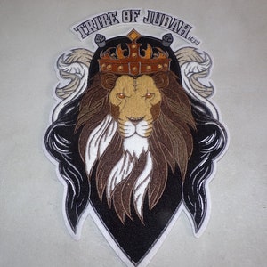 May include: Embroidered patch depicting a lion with a crown on its head. The lion is surrounded by a black and white mane. The text "Tribe of Judah 12:21" is above the lion.