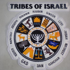 May include: A white and black circular patch with the text "TRIBES OF ISRAEL" at the top. The patch features a circle with the 12 tribes of Israel listed around the outside, each with a symbol representing the tribe. The center of the circle features a menorah.