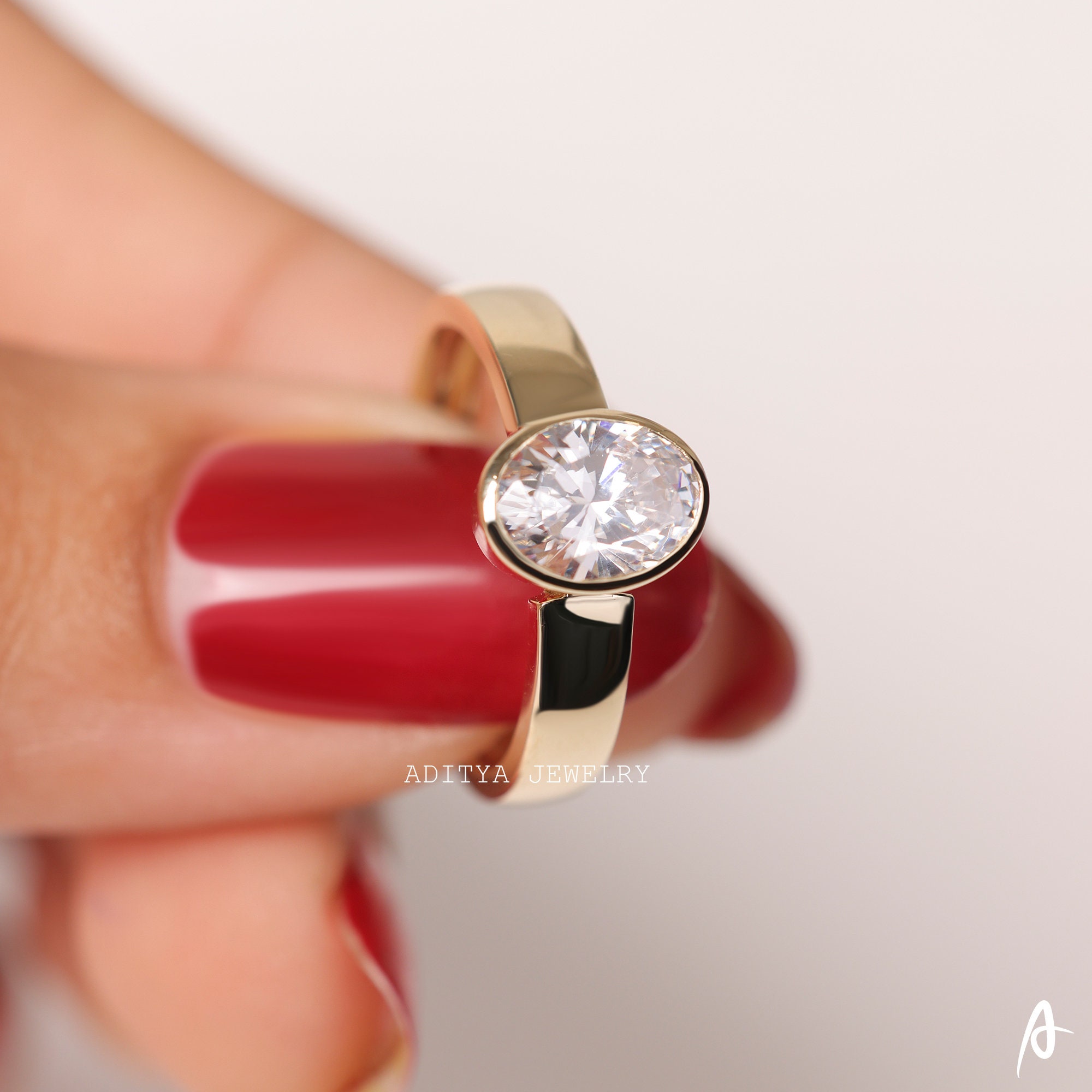 Bezel Set Solitaire Ring Oval Cut Moissanite Engagement Ring Etsy