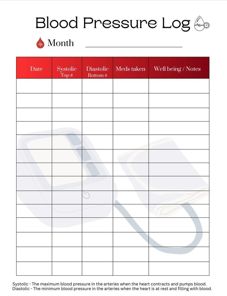 Blood Pressure Log Printable | Blood Pressure Tracker PDF | Instant ...