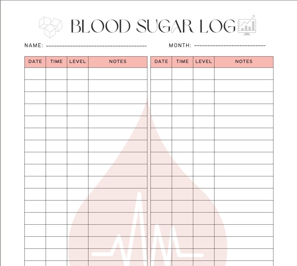 Blood Sugar Log Printable • Glucose Tracker PDF • Daily Diabetes Log ...