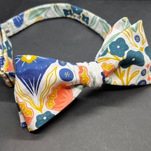 Bow tie Self Tied Multi Color White Flowers Handmade Accessory 100% Premium Cotton Nature collection Original Design