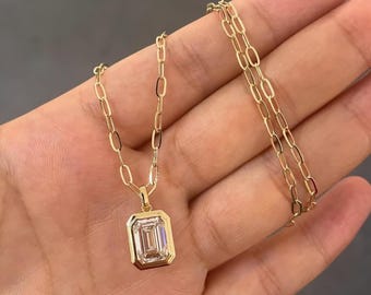 Smaragdschliff Anhänger 3 Ct Smaragdschliff F VS1 Labor gewachsener Diamant Anhänger IGI Zertifikat 14K Gelbgold Smaragdschliff Lünette Set Solitaire Smaragd