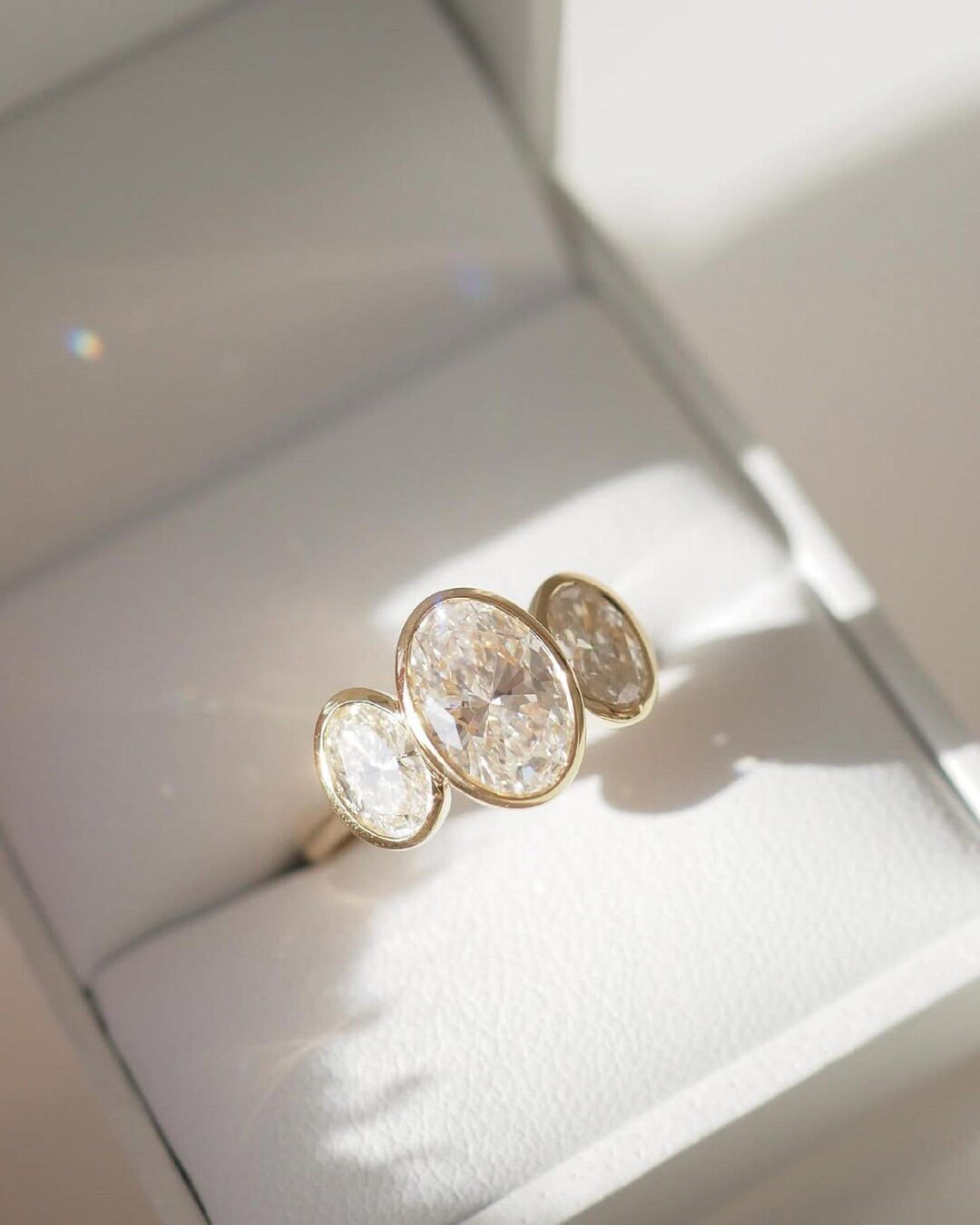 Three Stone Oval Cut Moissanite Engagement Ring 10/14/18K Solid Gold ...