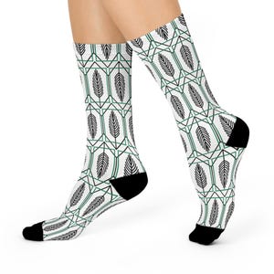 Geo Leaves Cushioned Crew Socks - Botanical Pattern, Cozy Socks for Casual Wear, Gift for Nature Lovers, Perfect for Spring, Trendy Footwear