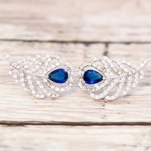 Vintage Elven Peacock Sapphire Blue Stud Earrings - CB14